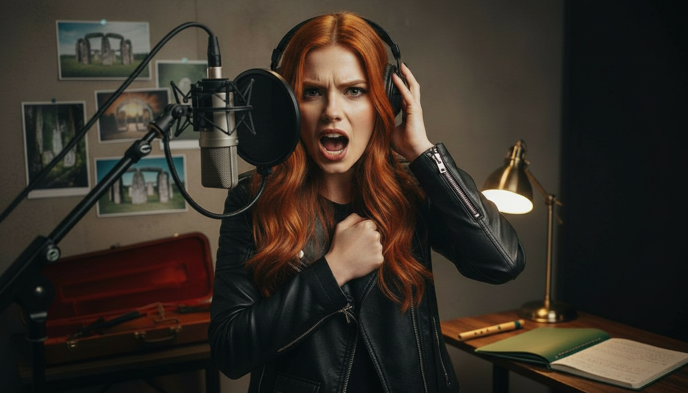 Scarlet in a dimly lit music studio recording The Druid's Warning with a silver bell prop on the desk