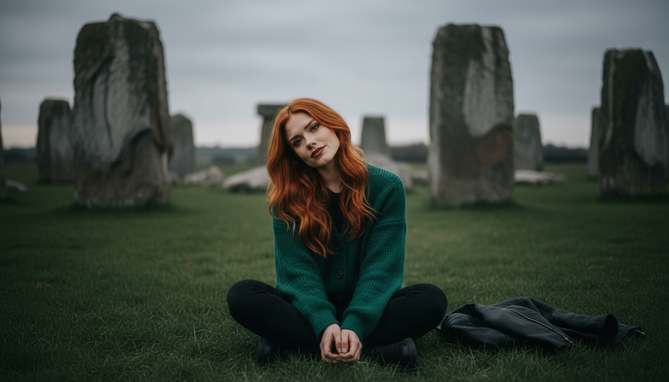 Scarlet resting after the music-video shoot at the stone circle at dusk, silver bell in lap, wind-down on set