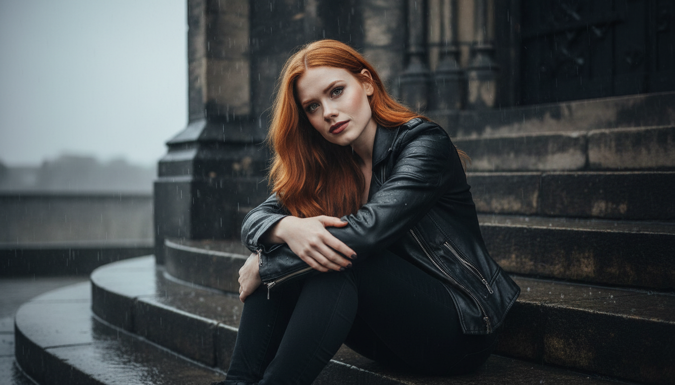 Scarlet resting after the music-video shoot on the Weeping Tower steps in rain, wind-down on set
