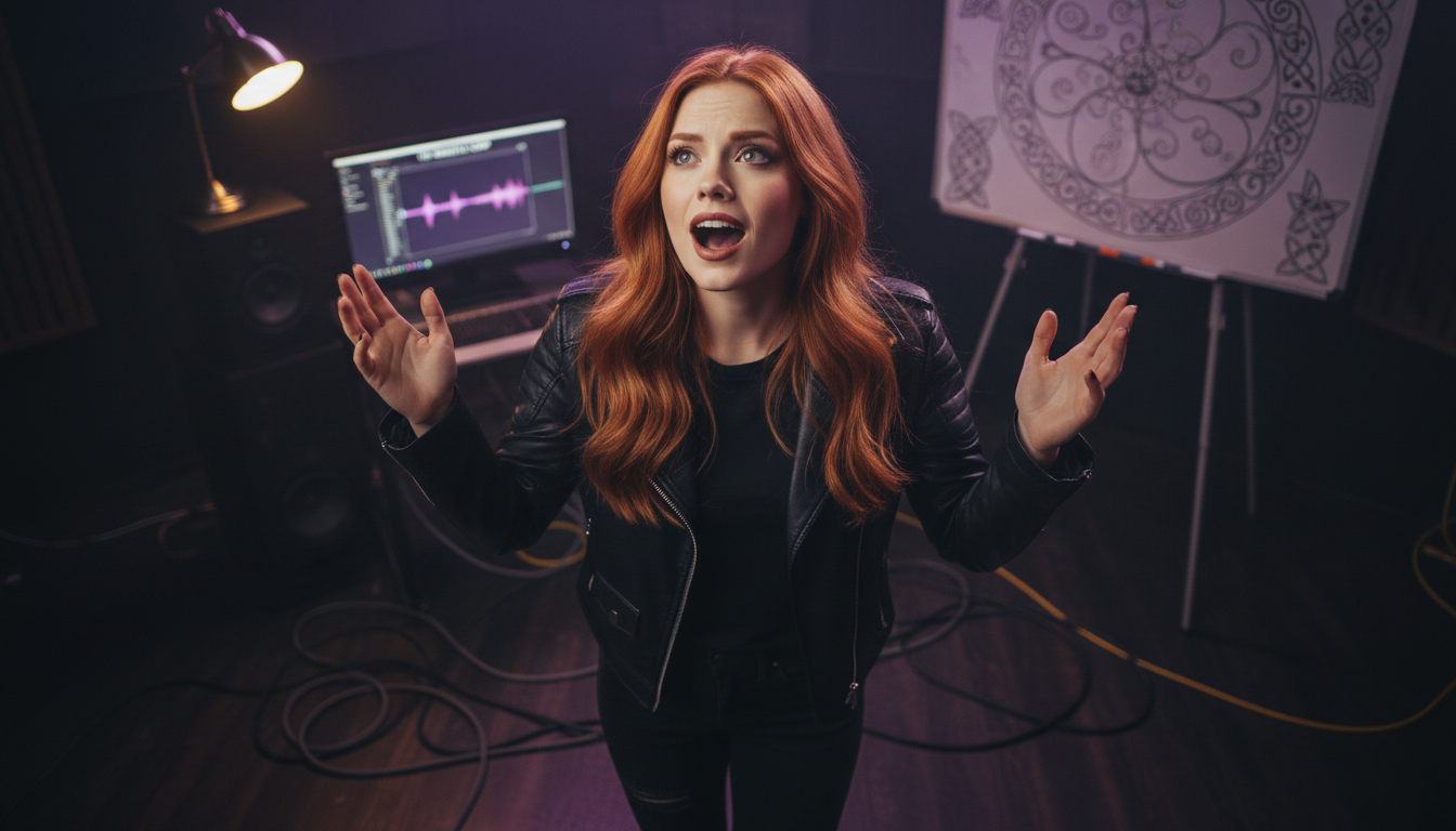 Scarlet in a dimly lit music studio recording Into the Spirit Realm with sigil notes on the desk