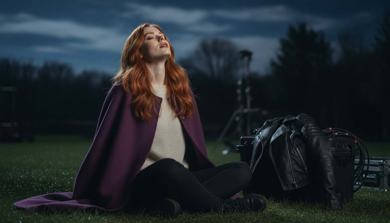 Scarlet resting after the music-video shoot outside the Fey maze location at night, wind-down on set