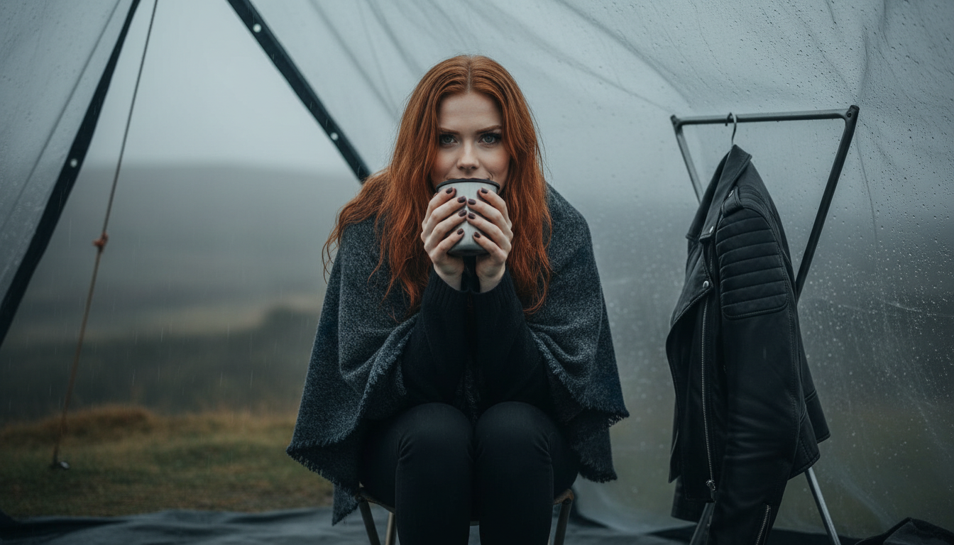 Scarlet resting after the music-video shoot under a production tarp on the ridge, wind-down on set