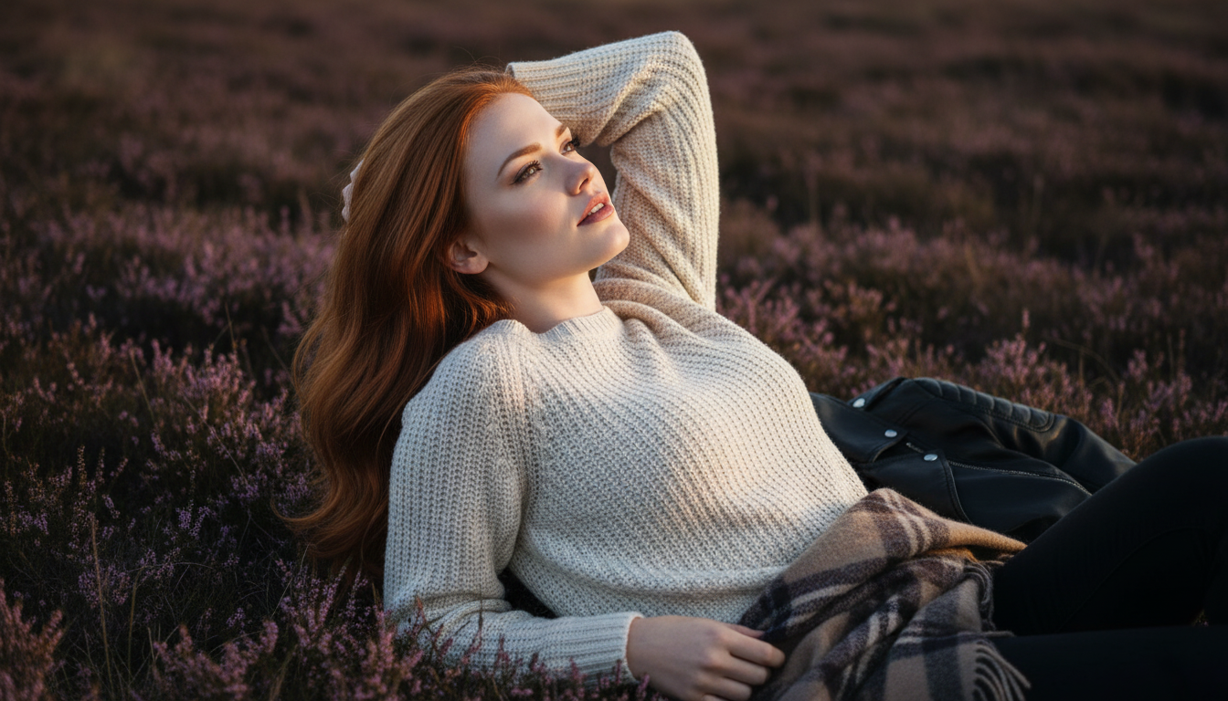 Scarlet resting after the final music-video shoot in the heather at sunrise, album wrap wind-down on set