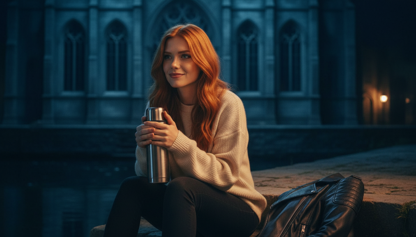 Scarlet resting after the music-video shoot on the Everspire quay at night, post MV shoot wind-down