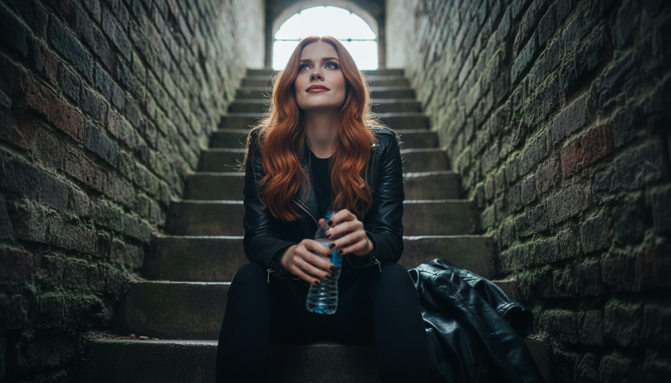 Scarlet resting after the music-video shoot at the top of citadel cellar stairs, post MV shoot wind-down