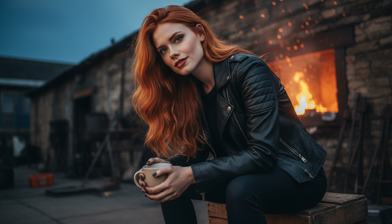 Scarlet resting after the music-video shoot outside the forge smithy at dusk, soot-smudged hands holding coffee
