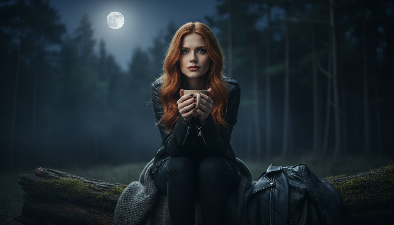 Scarlet resting after the music-video shoot at the edge of a moonlit forest, tea in both hands, haunted calm after the grove