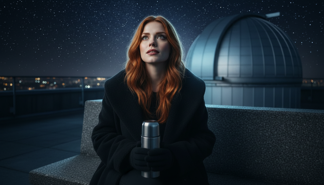 Scarlet resting after the music-video shoot on an observatory rooftop terrace at night, thermos in lap, quiet awe under the stars