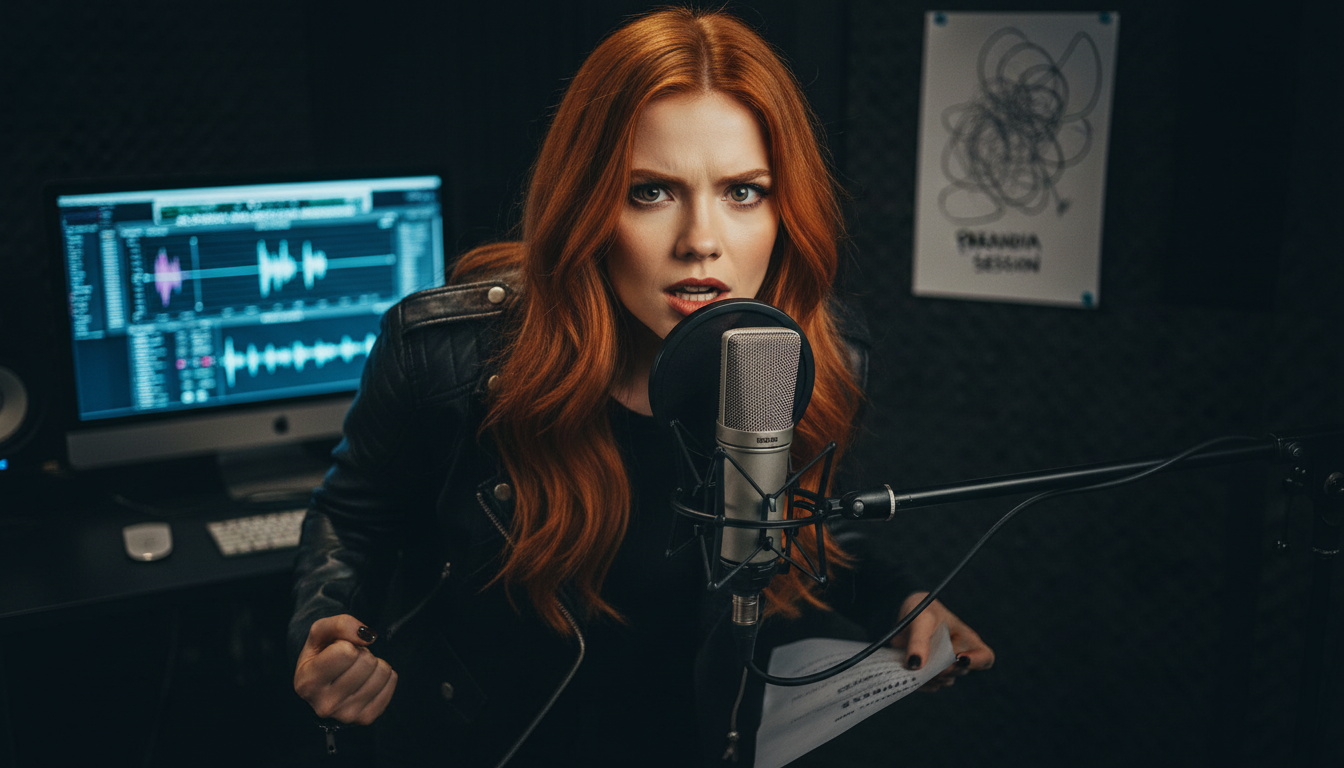 Scarlet in a dimly lit music studio recording Whispers on the Weave with silver thread sketches and reversed texture notes on the desk