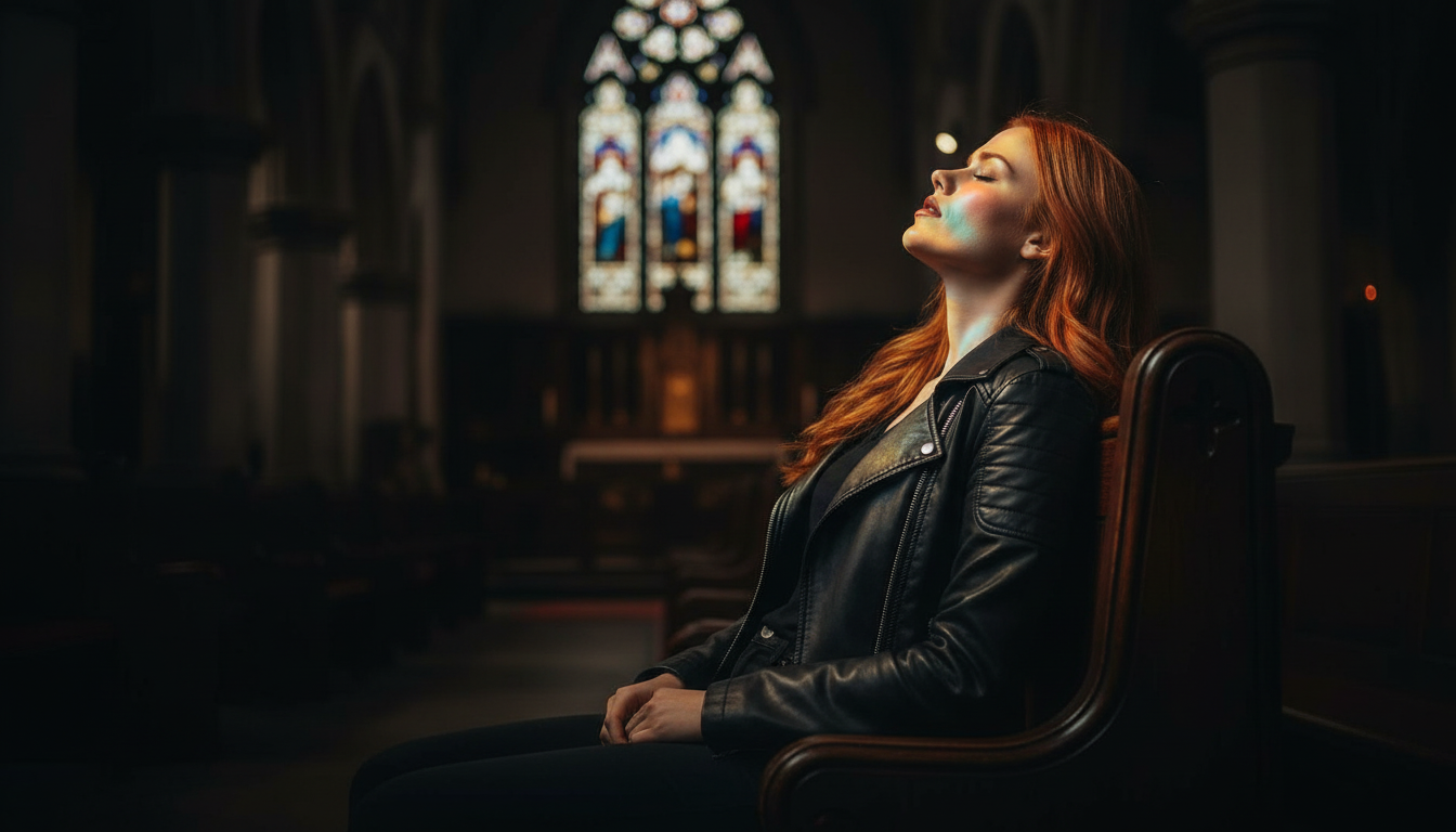 Scarlet resting after the music-video shoot in a cathedral side aisle at night, wind-down on set