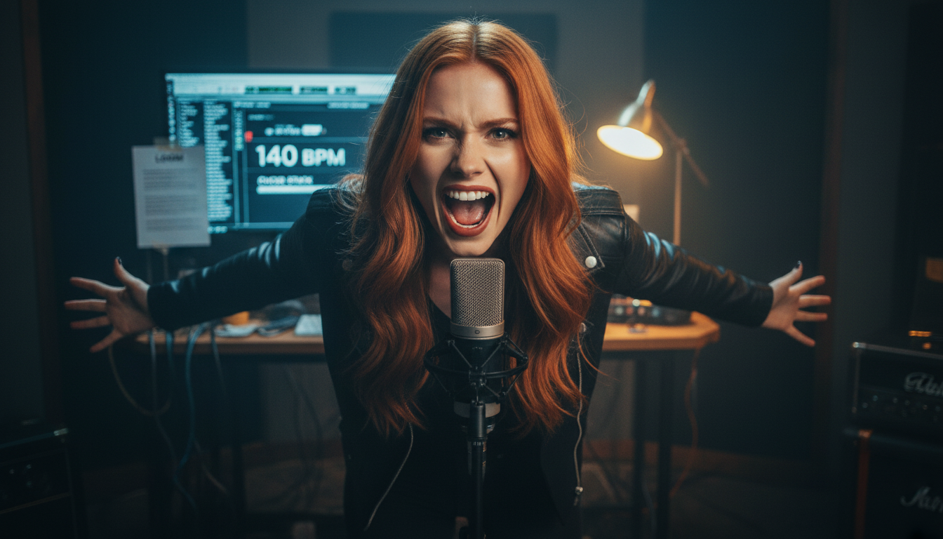 Scarlet in a dimly lit music studio recording Six Voices with Loom lyric pages and choir stack reference on the monitor