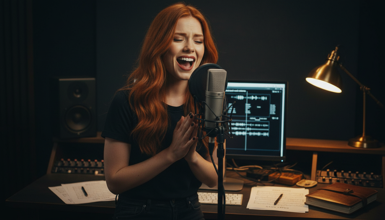 Scarlet in a dimly lit music studio recording Threads Remade with closed ledger prop and dawn lyric pages on the desk
