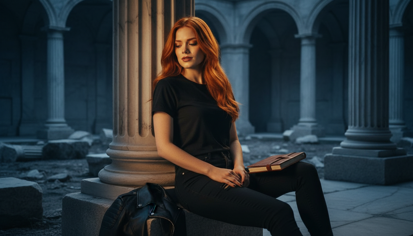 Scarlet resting after the final album music-video shoot in the marble hall courtyard at dawn, wind-down on set