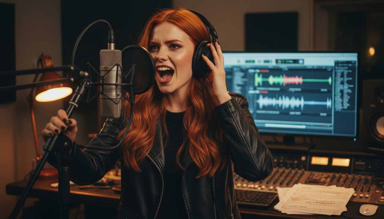Scarlet in a dimly lit music studio recording Crown of Unity A Capella Dubstep with vocal-only reference on monitor