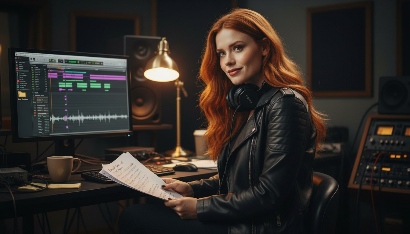 Scarlet resting after the remix session with headphones around neck and lyric pages marked for sampling