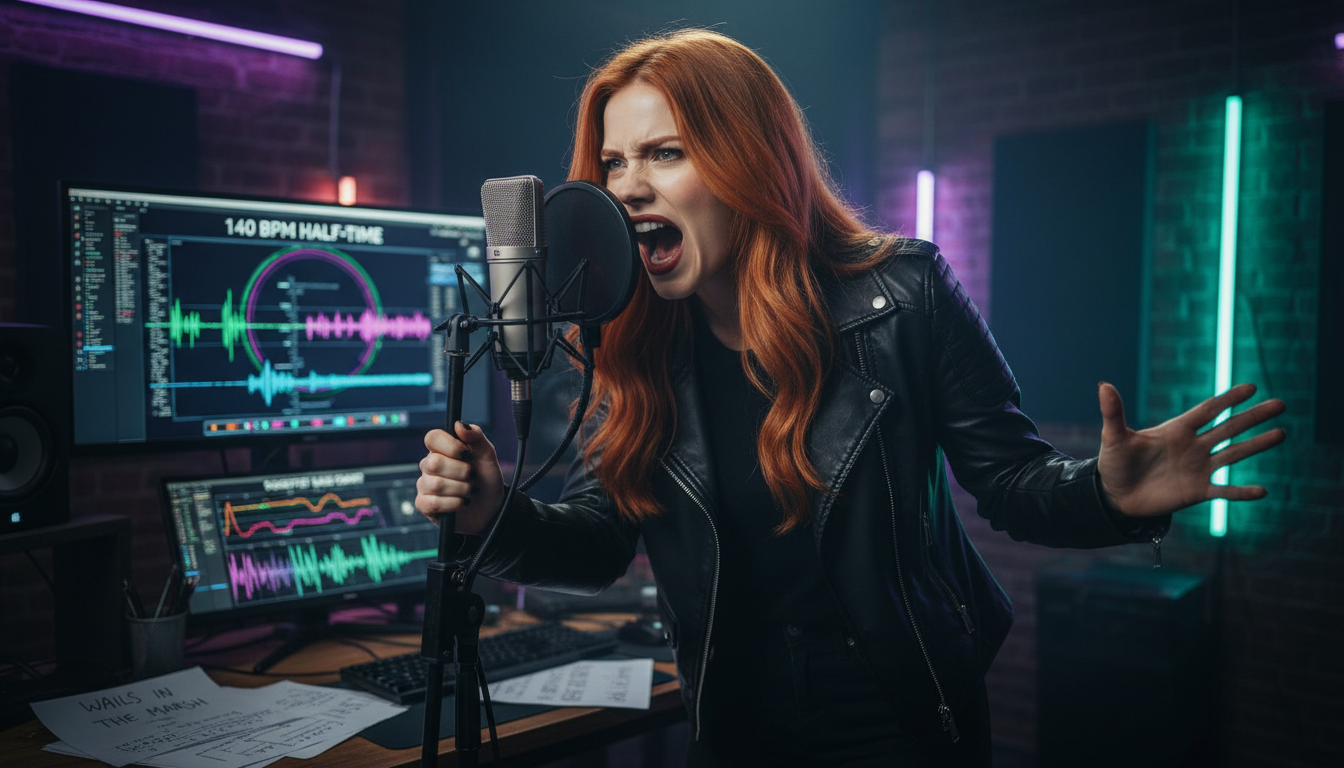 Scarlet in a dimly lit music studio recording Wails in the Marsh Dubstep Glitch Hop Remix with 140 BPM half-time reference on monitor