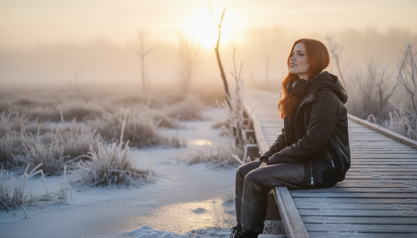 Scarlet resting after music-video shoot on marsh boardwalk, wind-down on set with glitch-hop monitor glow
