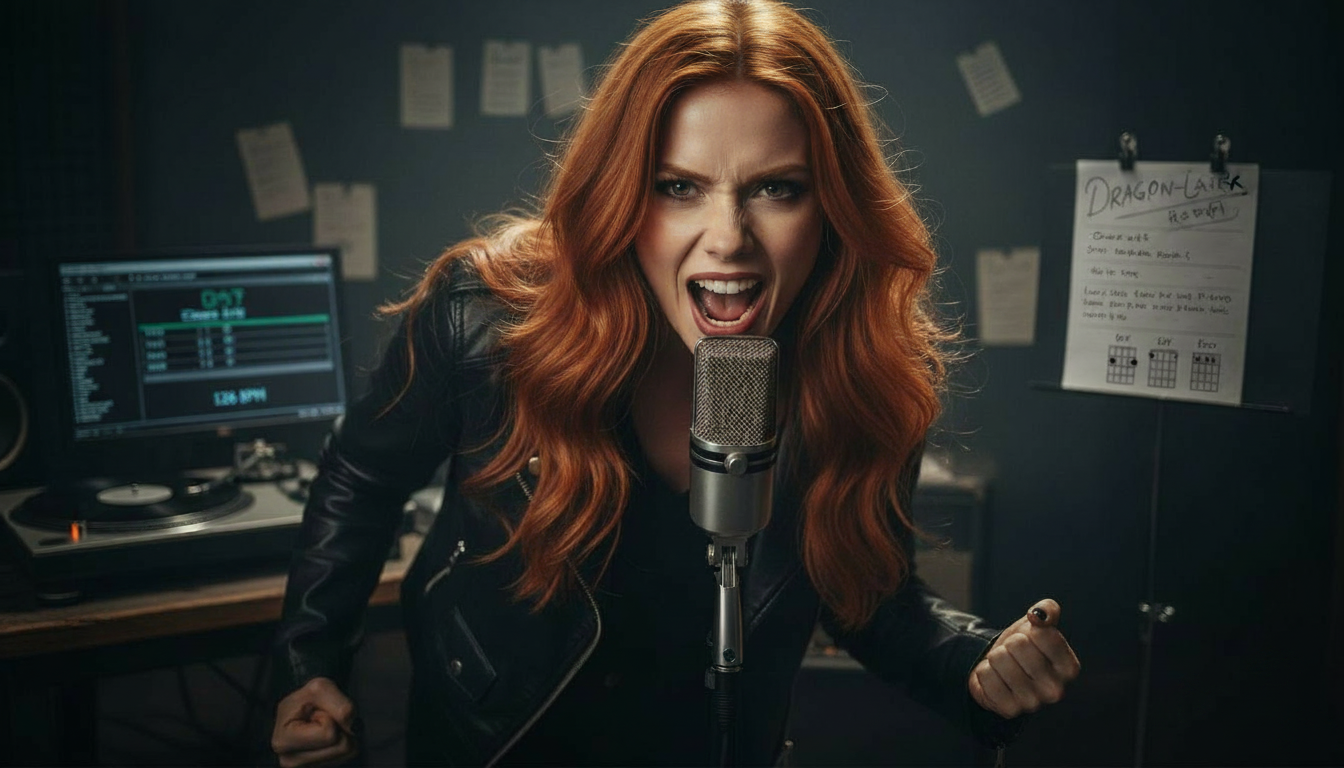 Scarlet in a dimly lit music studio recording Gem of the Queen Alternative Rock with 126 BPM breakbeat reference on monitor