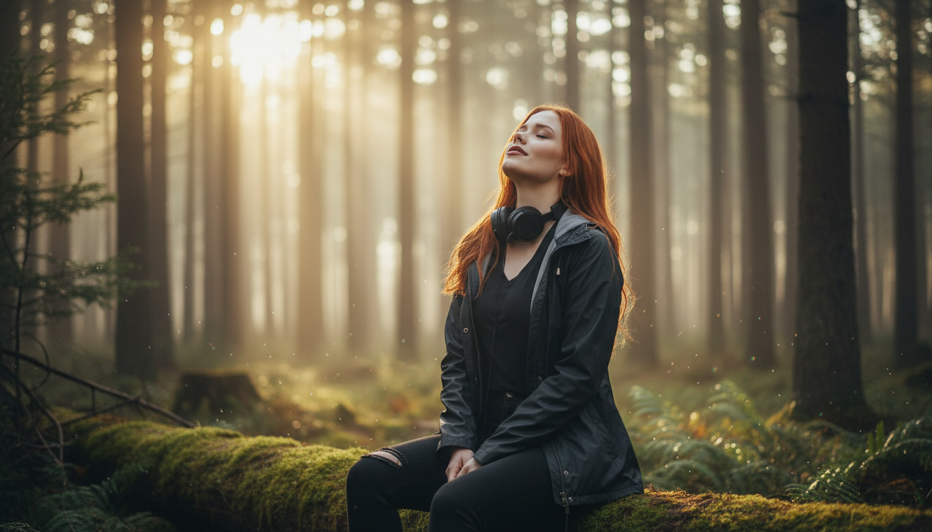 Scarlet resting after forest music-video shoot, wind-down on set with rain gear