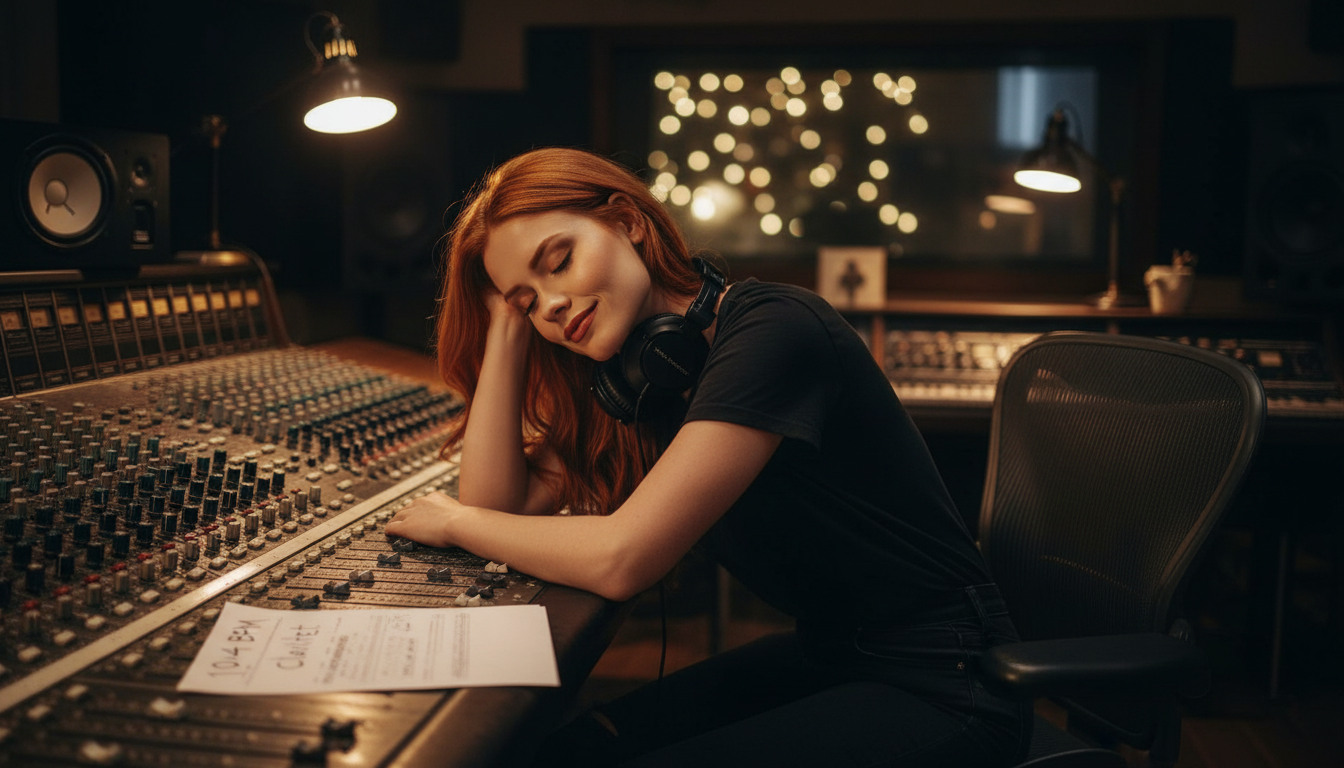 Scarlet resting after southern funk rock session with Hammond B3 reference notes on desk