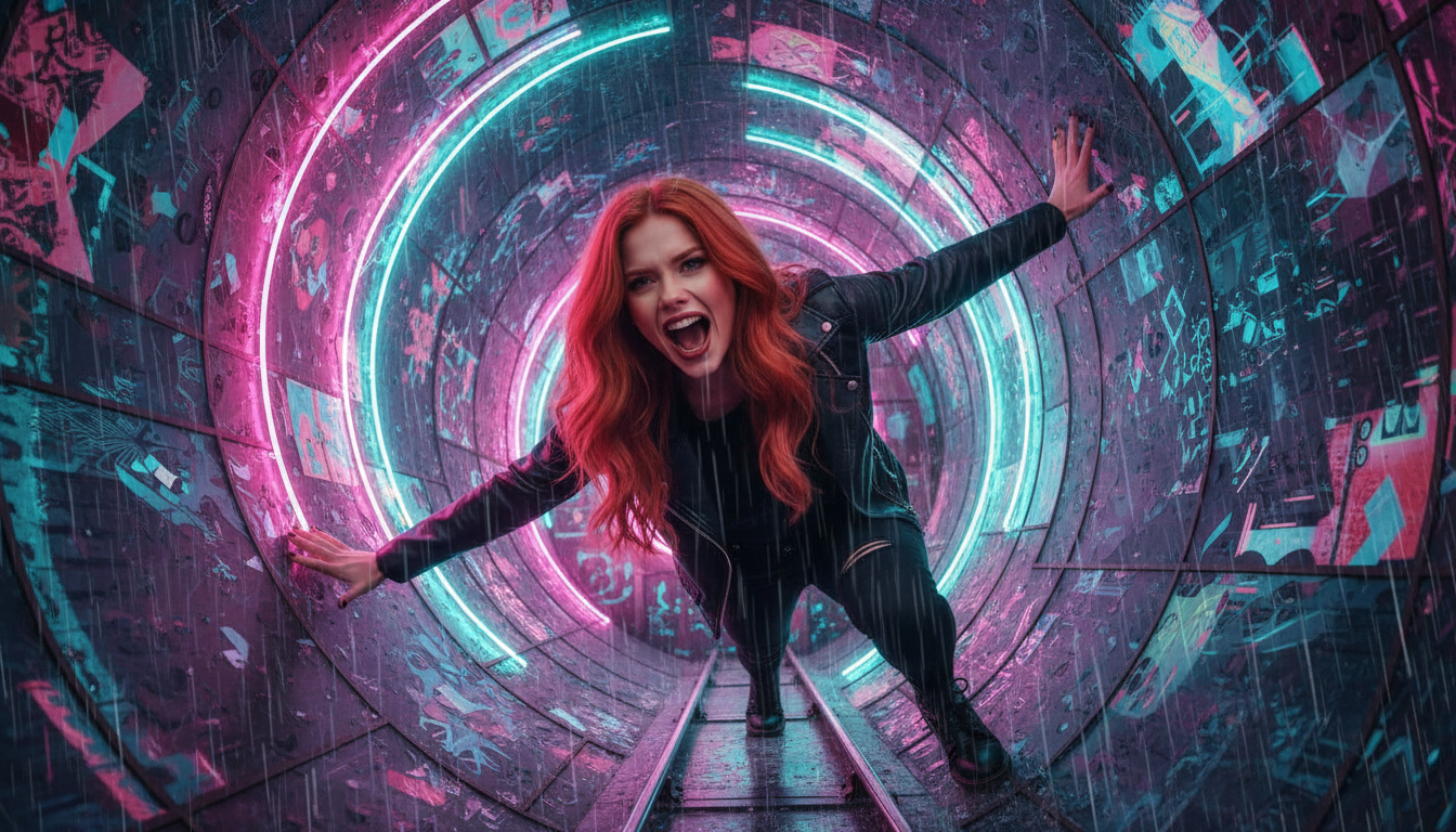 Scarlet performing in a psychedelic Fey maze — dutch angle, mid-dive pose, neon K-pop lighting and dubstep drop energy