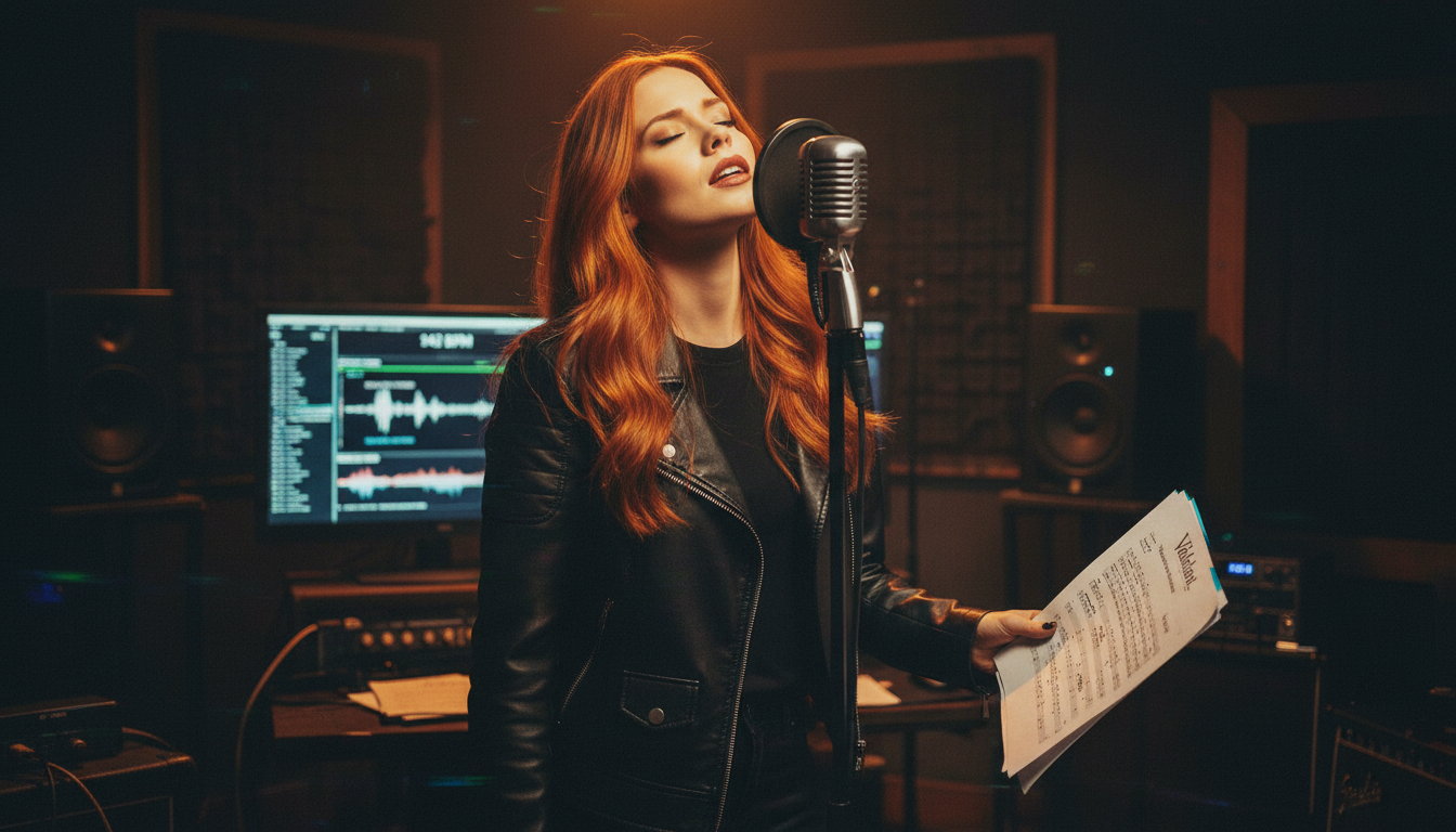 Scarlet in a dimly lit music studio recording Eclipse of Redemption Gothic Rock with 142 BPM and cathedral reverb reference on monitor