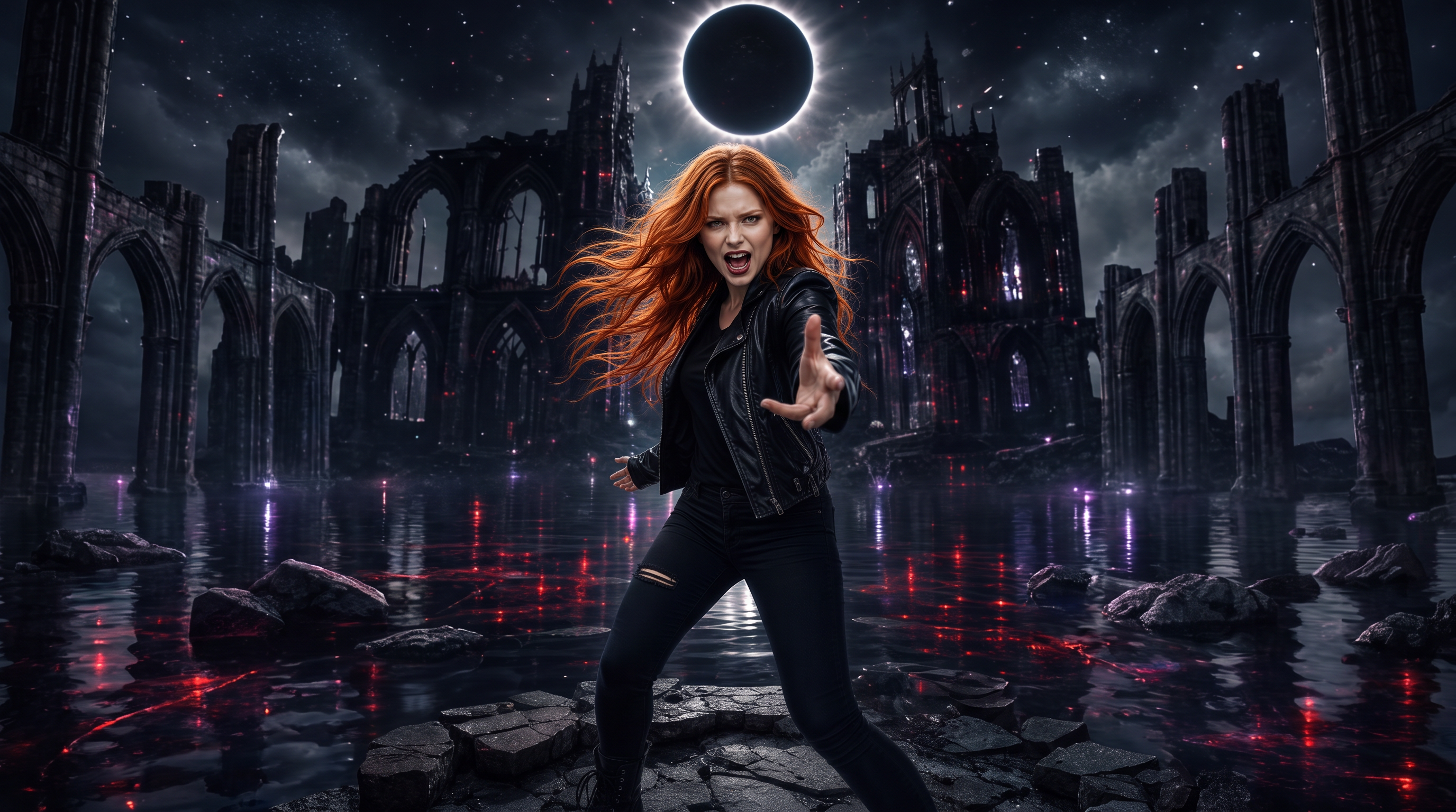 Scarlet performing at Valdoria castle at spring dawn — low angle, gothic cathedral light mixed with industrial glitch energy