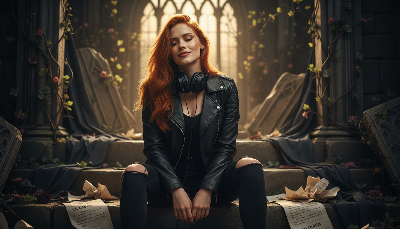 Scarlet resting after gothic rock music-video shoot on Valdoria castle set at spring dawn