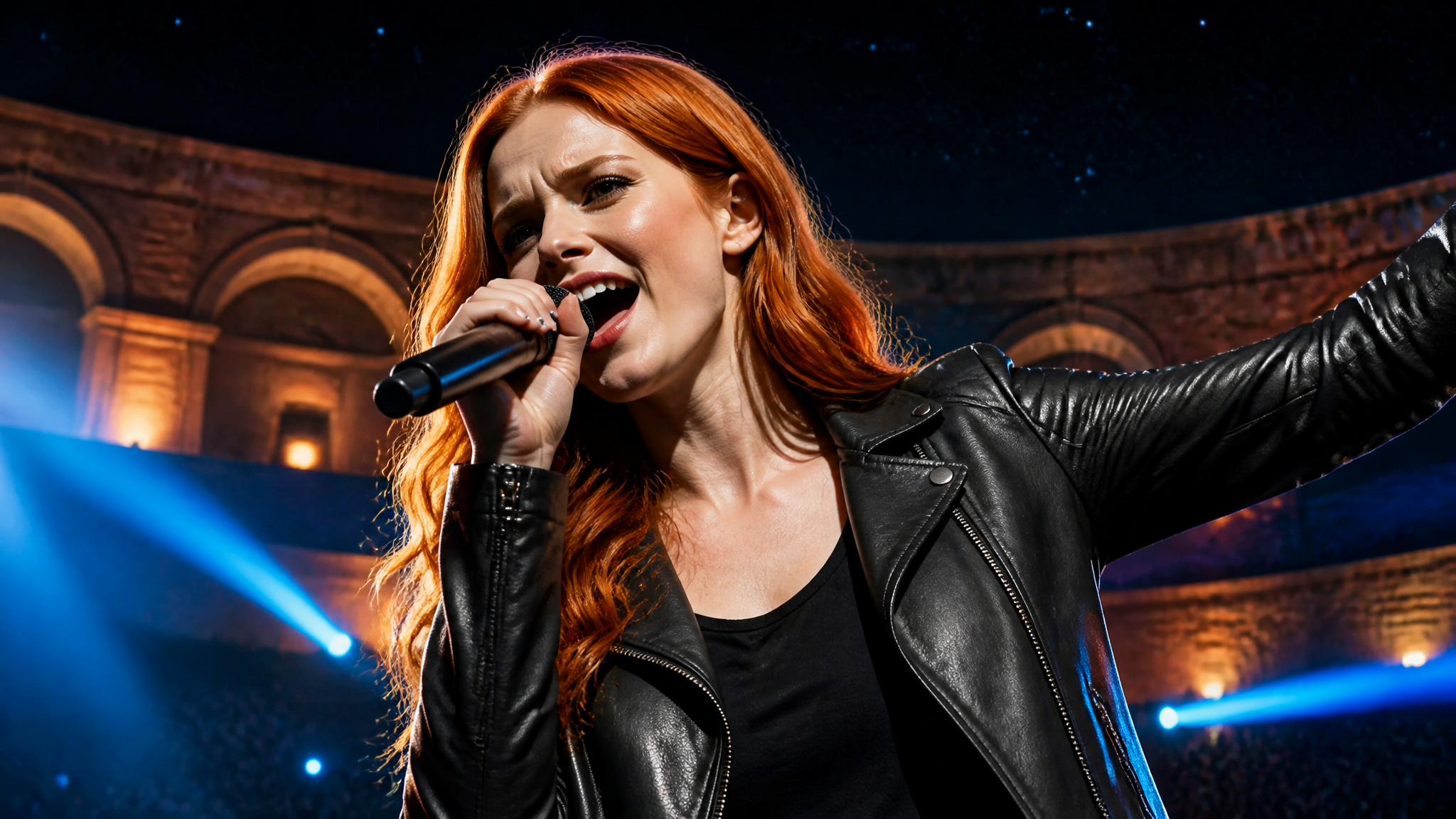Scarlet performing Sands of Elements Arena Rock in a desert amphitheater at night with concert lighting