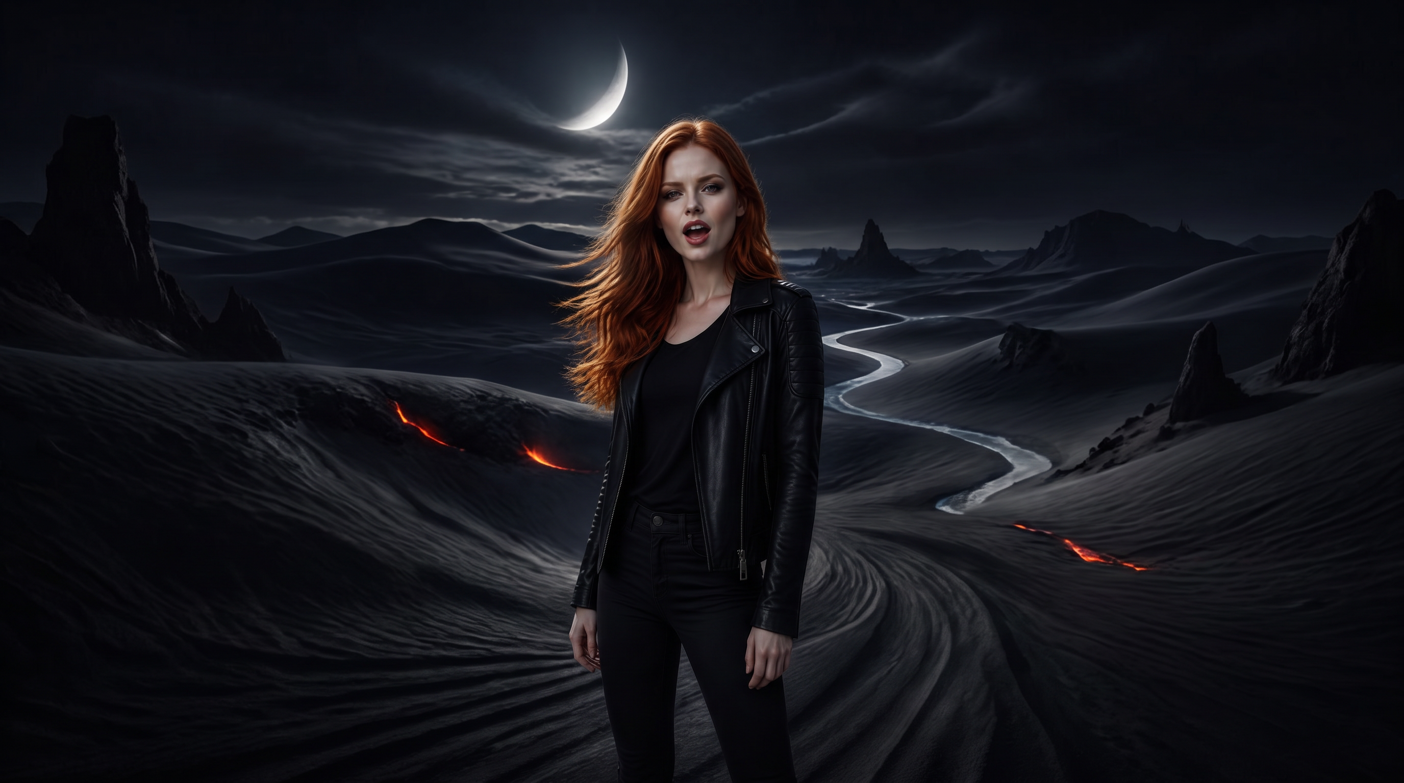 Scarlet performing on a desert dune at golden dawn — low heroic angle, arena-rock anthem pose, elemental sunset light