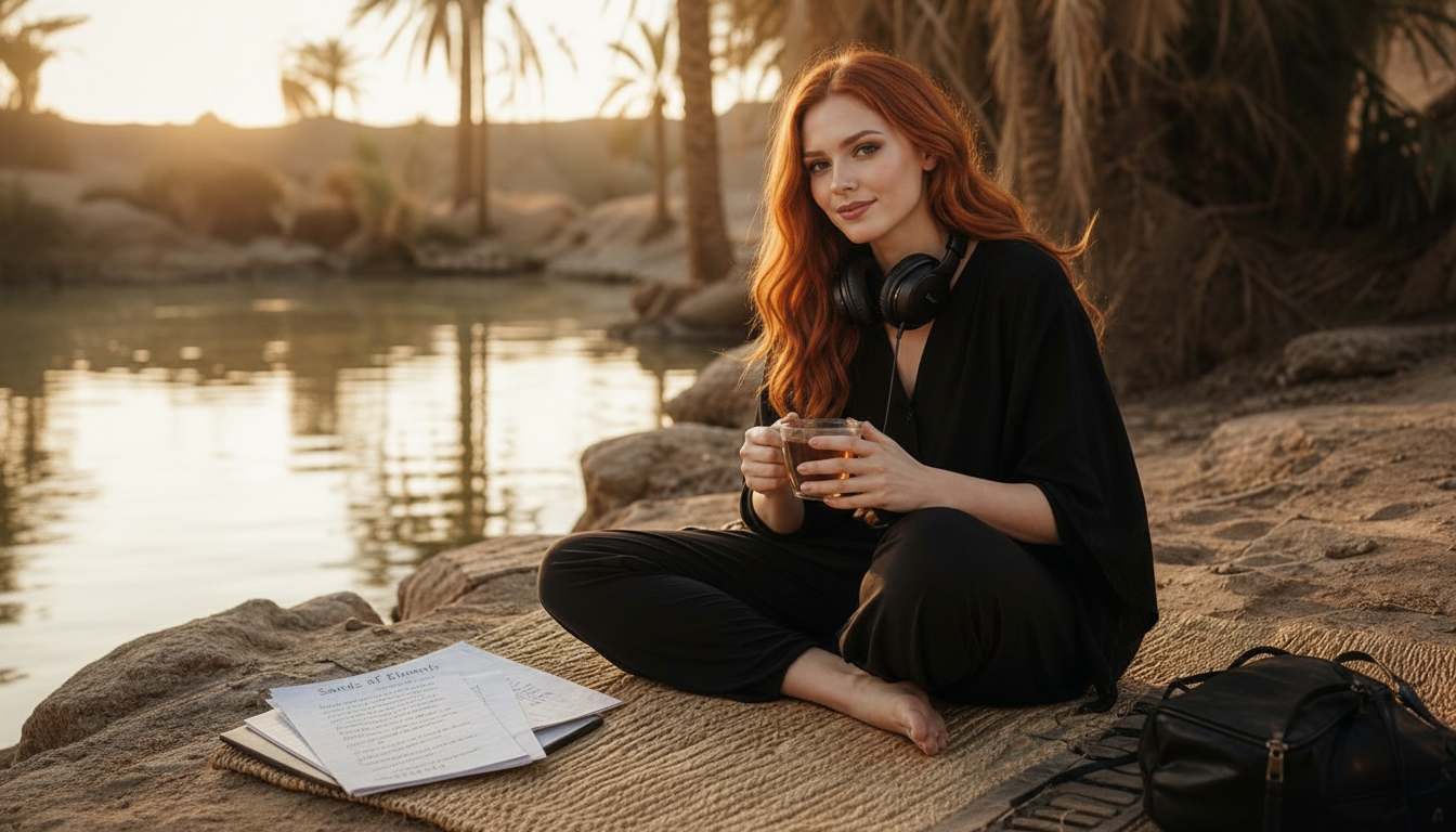 Scarlet resting after arena-rock music-video shoot at a desert oasis at dawn