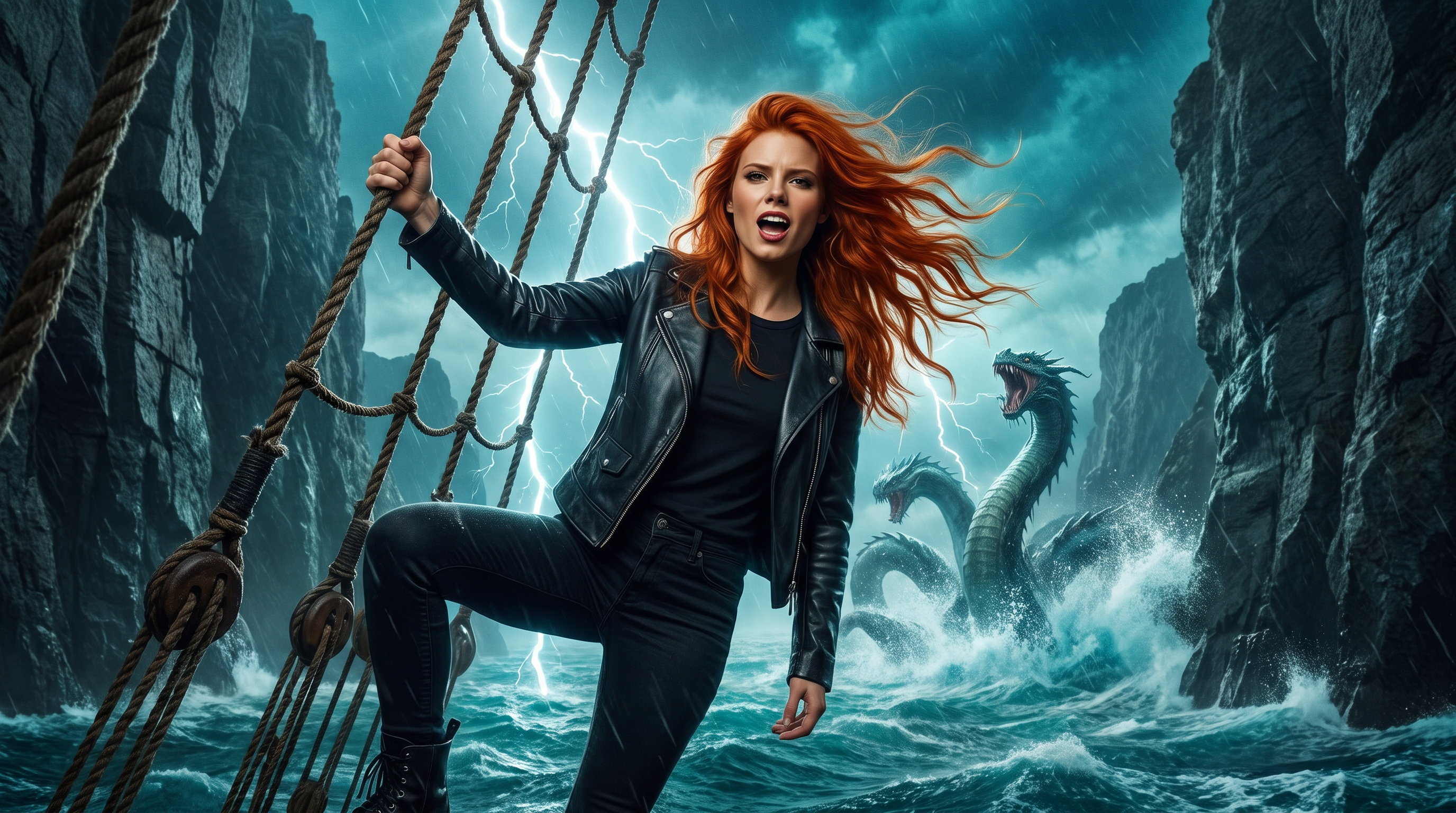 Scarlet climbing the Azure Maiden rigging at Hydra Gate as a hydra erupts from storm-tossed waters between dark jagged cliffs