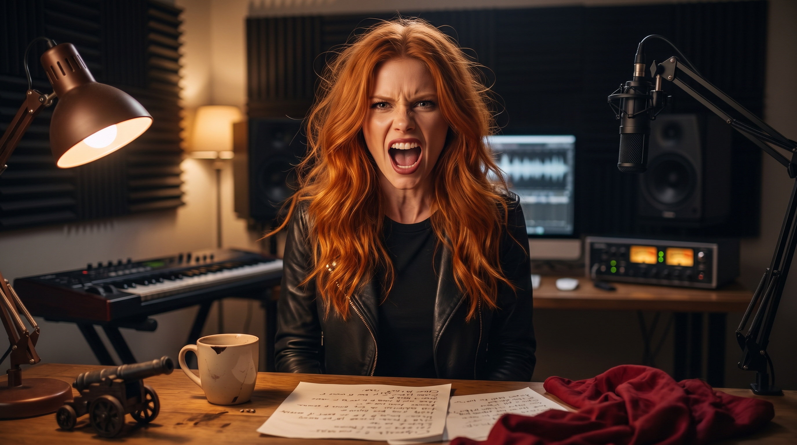 Scarlet in her dim home studio recording Crimson Sails — dramatic low-angle view from the desk corner — converging lines and chiaroscuro lamp light, lyric sheets and acoustic panels visible