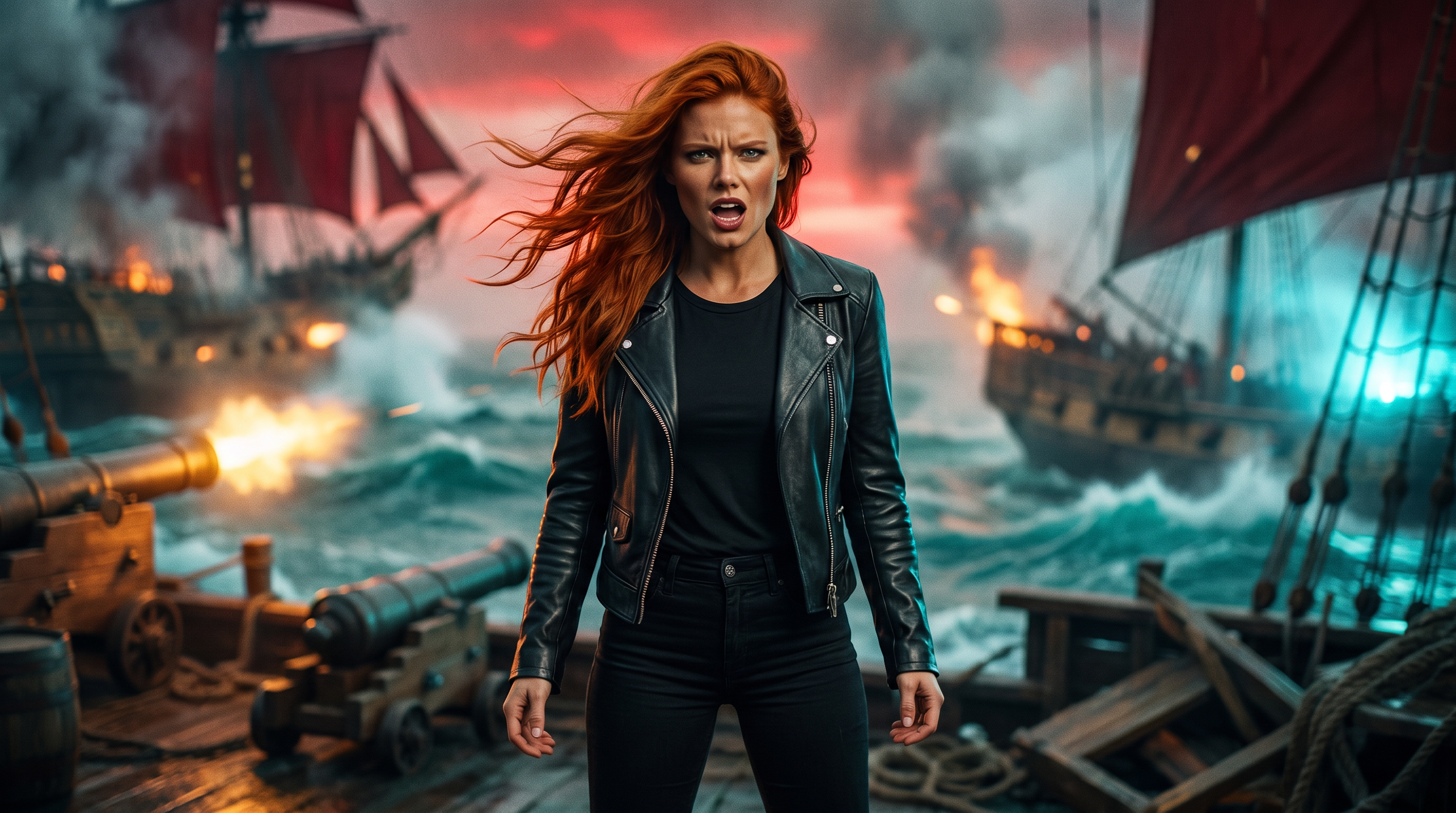 Scarlet before a chaotic naval battle with crimson sails and cannon fire behind her