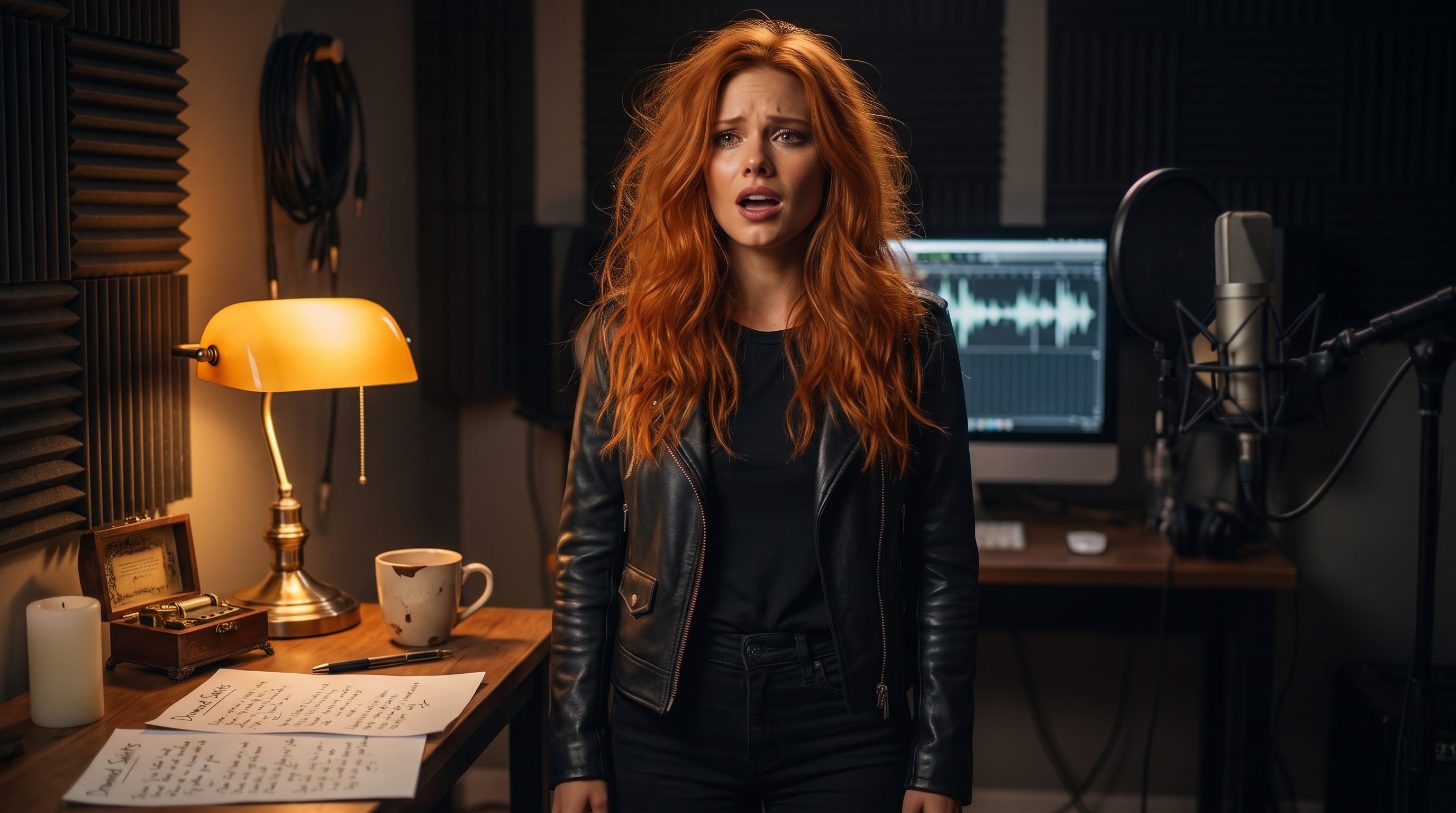 Scarlet in her dim home studio recording Drowned Saints — dramatic low-angle view from the desk corner — converging lines and chiaroscuro lamp light, lyric sheets and acoustic panels visible