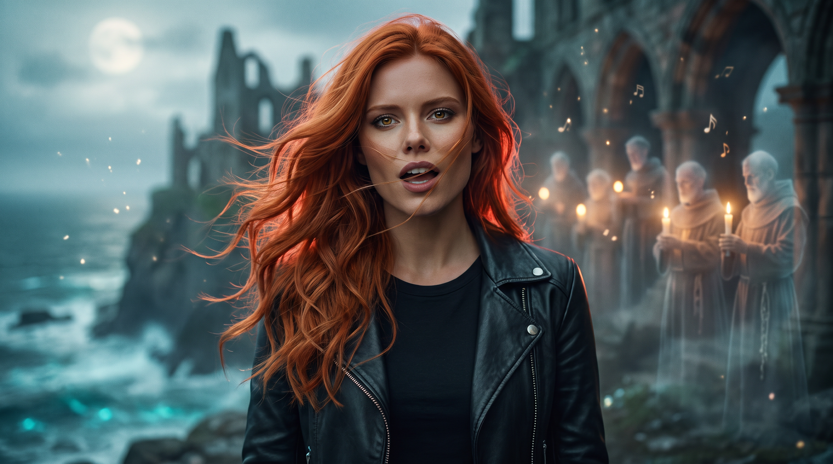 Scarlet before a ruined cliff-top monastery with ghost monks forming a choir behind her