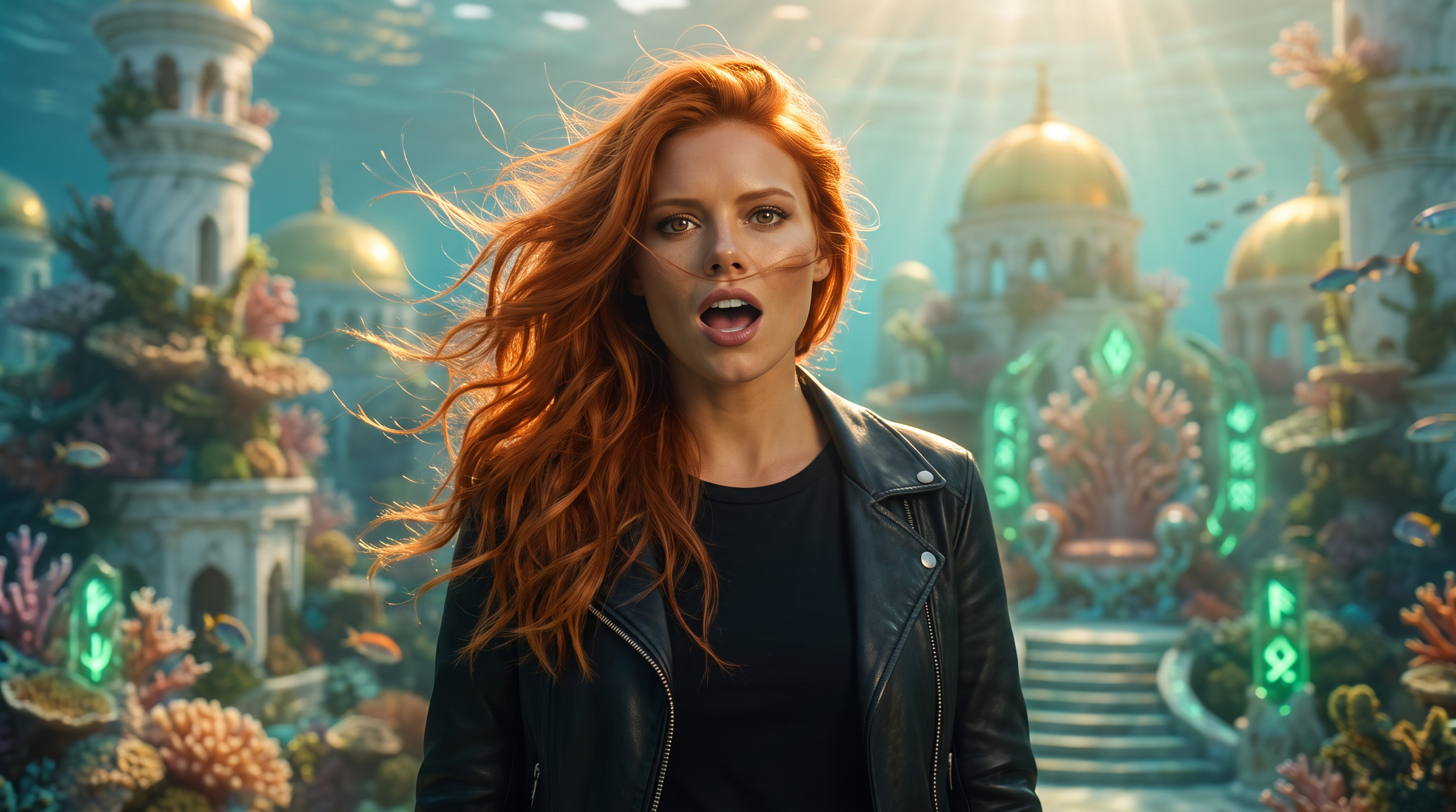 Scarlet before the sunken Coral Empire throne surrounded by white towers and golden domes