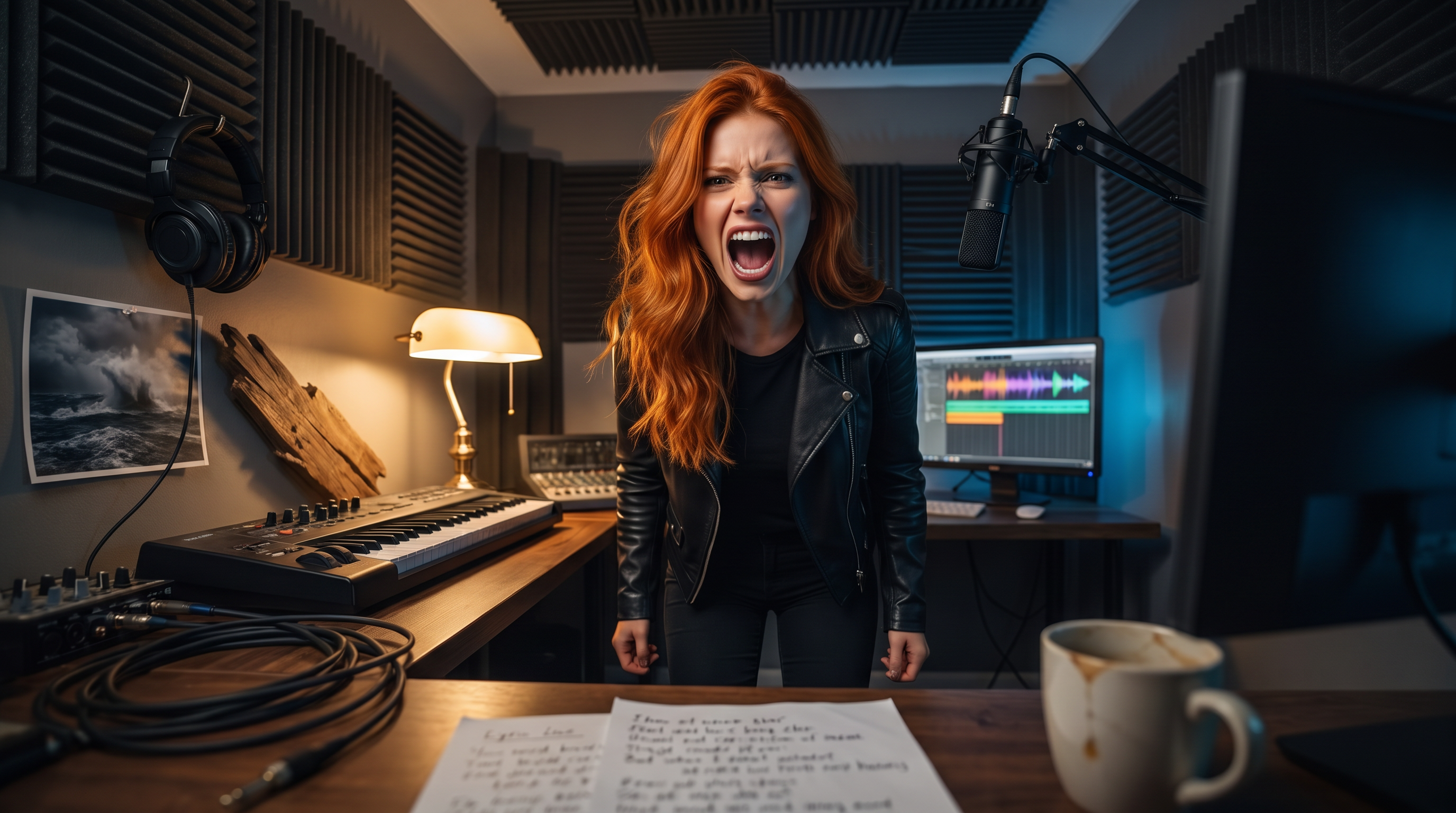 Scarlet in her dim home studio recording The Kraken Rises — dramatic low-angle view from the desk corner — converging lines and chiaroscuro lamp light, lyric sheets and acoustic panels visible