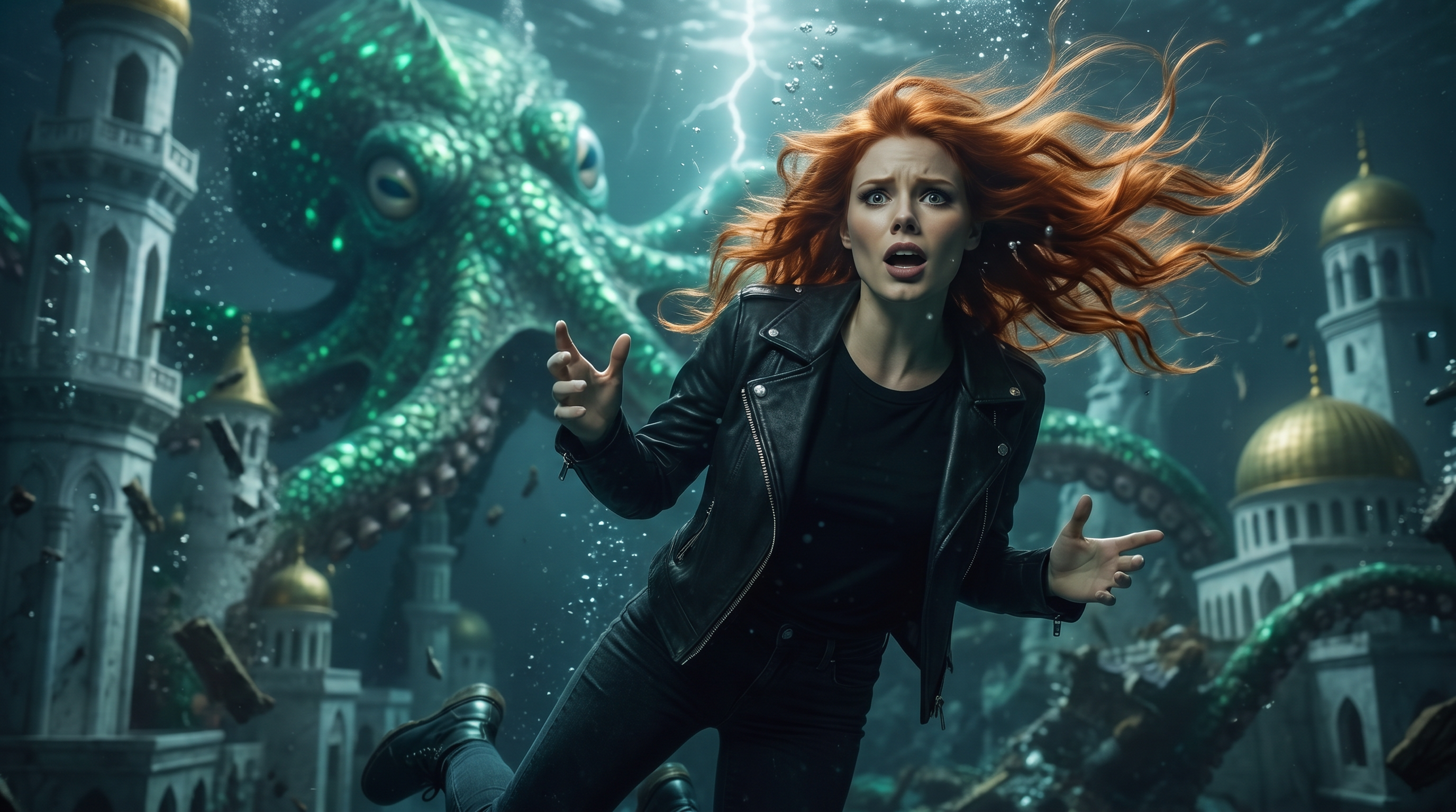 Scarlet before the Kraken destroying the coral city with tentacles tearing through marble towers