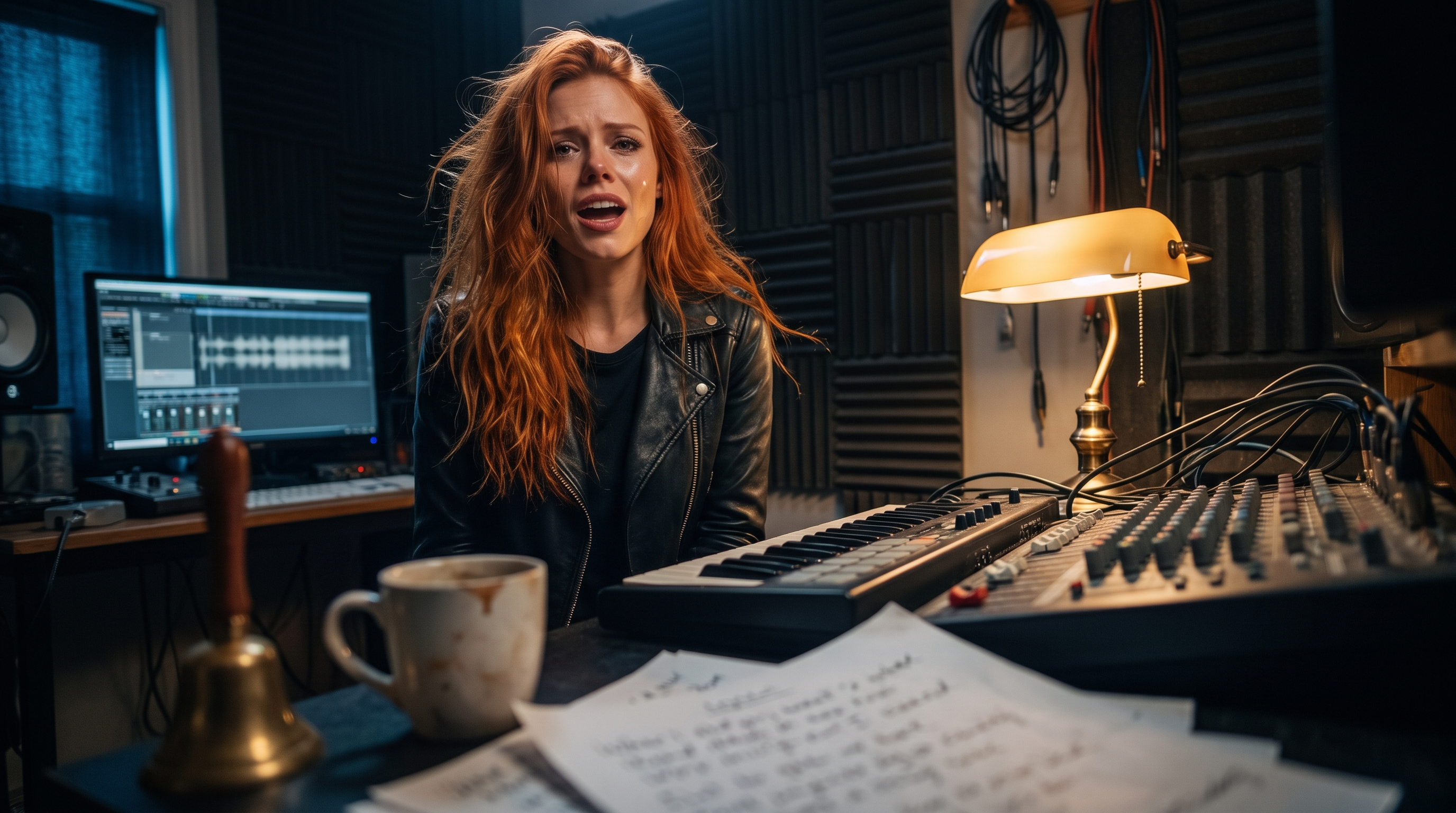 Scarlet in her dim home studio recording Harbor of Lost Souls — dramatic low-angle view from the desk corner — converging lines and chiaroscuro lamp light, lyric sheets and acoustic panels visible