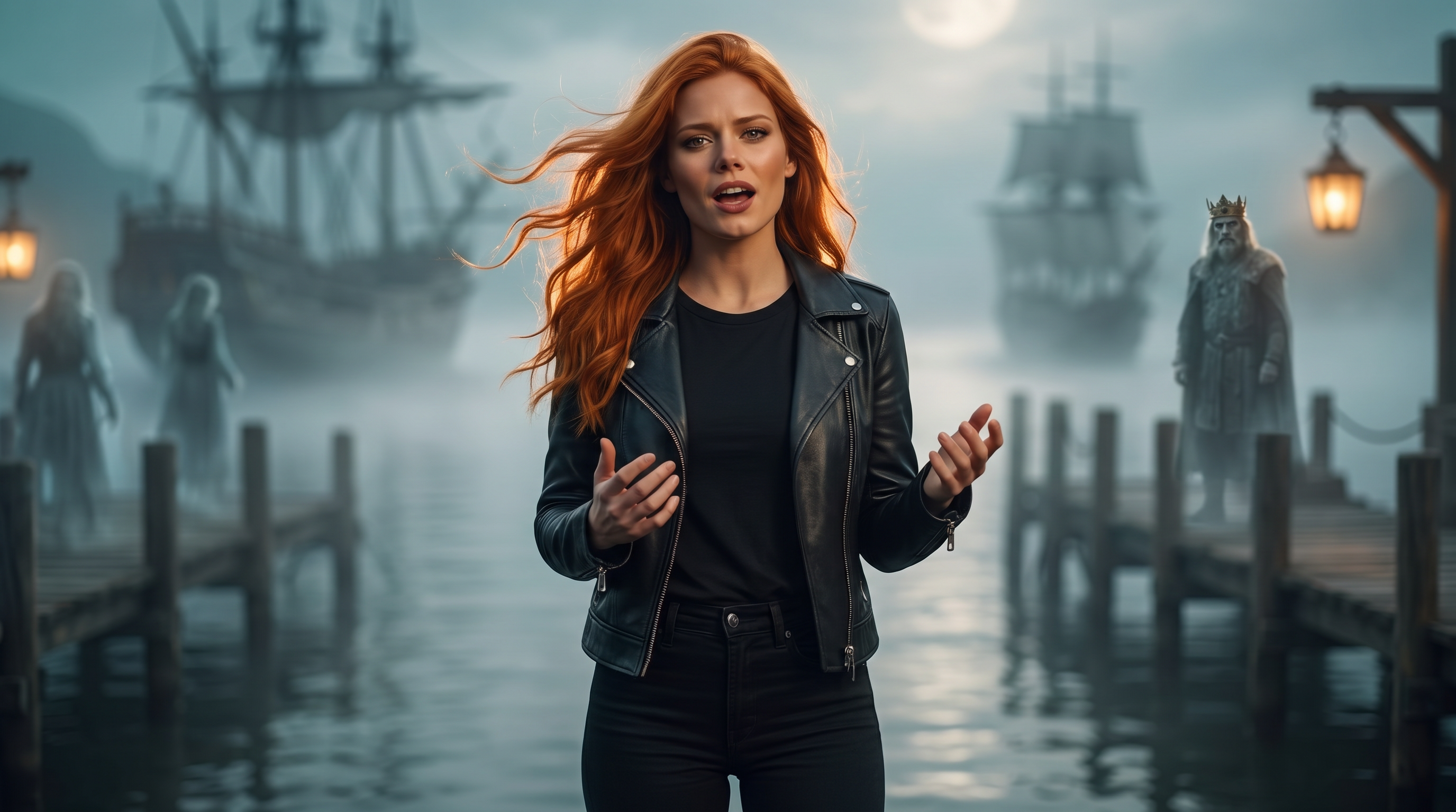 Scarlet in the Harbor of Lost Souls with ghost ships and the King waiting on the pier behind her