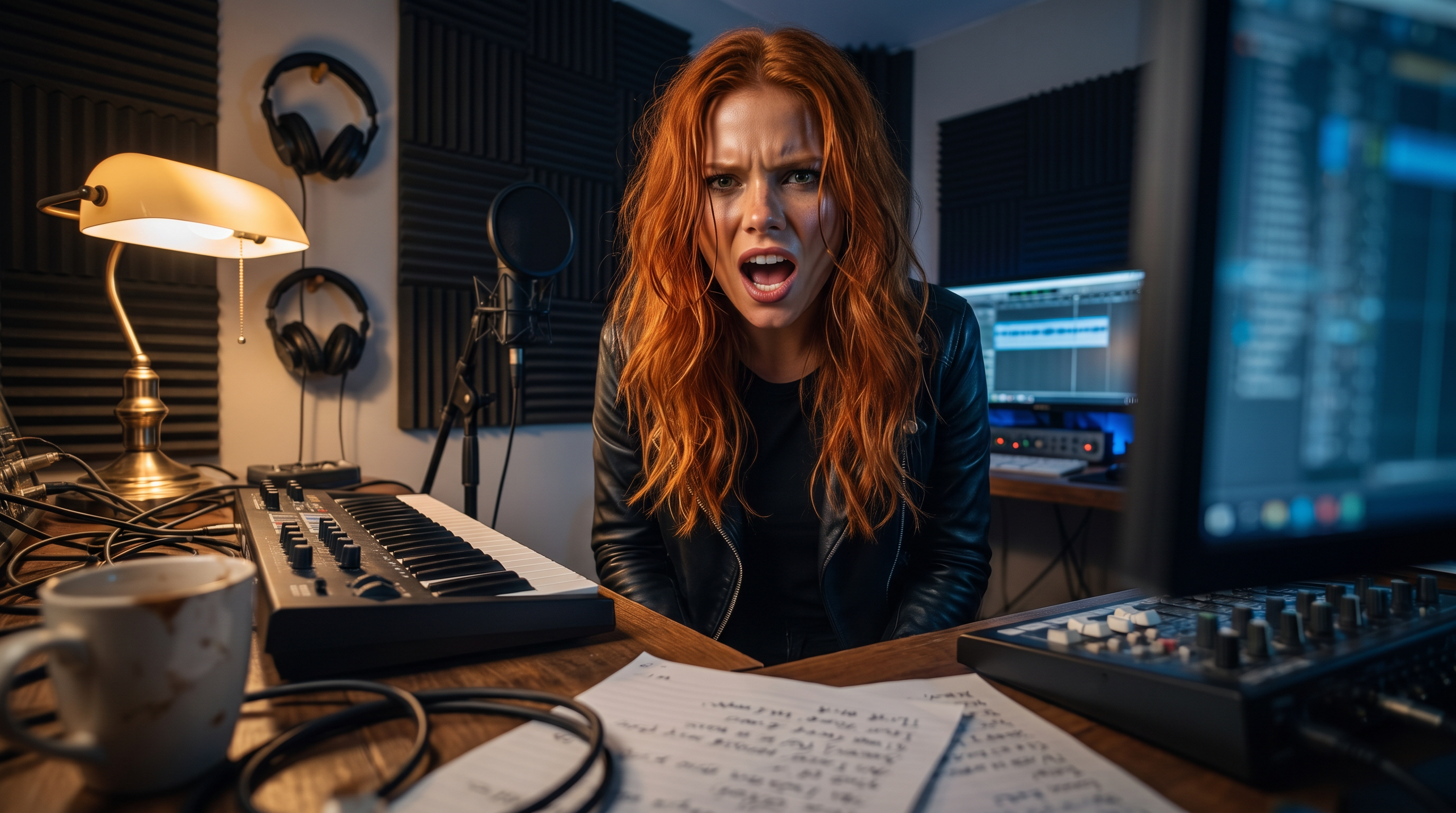 Scarlet in her dim home studio recording Soulbinder's Heart — dramatic low-angle view from the desk corner — converging lines and chiaroscuro lamp light, lyric sheets and acoustic panels visible