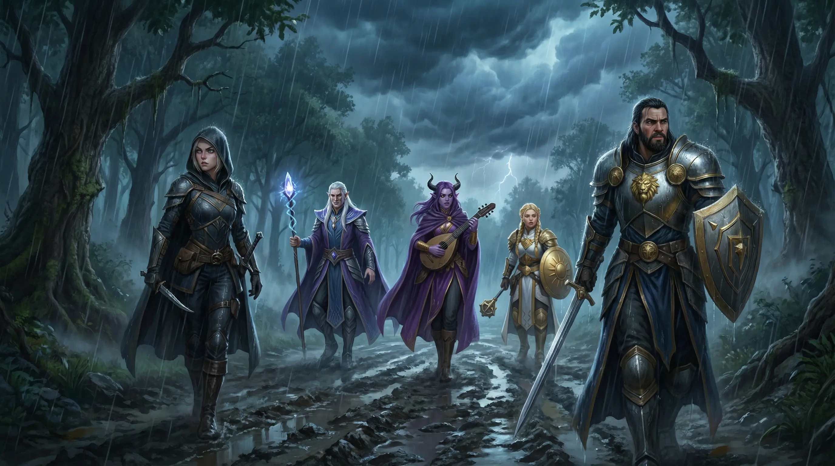 The five companions on the rain-soaked road into Valdoria